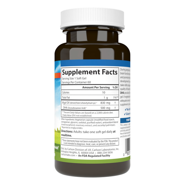 Vegetarian Prenatal DHA provides 500 mg of DHA in a single soft gel and is tested by an FDA-registered laboratory for freshness, potency, and purity.