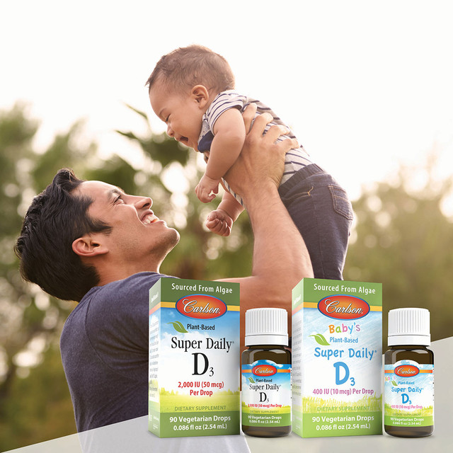 Baby's Plant-Based Super Daily® D3 is sustainably sourced from algae and provides 400 IU (10 mcg) of vegetarian vitamin D3 in a single drop, the recommended daily intake of the American Academy of Pediatrics. plant based vitamin d3, plant based vitamin d