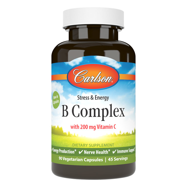 Carlson B Complex is formulated to provide all of the B-complex vitamins, plus vitamin C, to support energy production, nervous system health, and healthy immune function. b complex, vitamin b complex, vitamin b stress SKU_2014