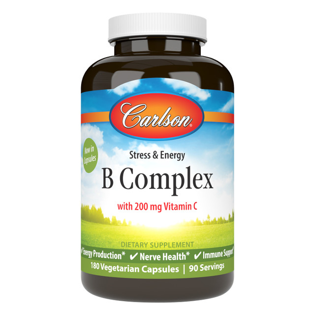 Carlson B Complex is formulated to provide all of the B-complex vitamins, plus vitamin C, to support energy production, nervous system health, and healthy immune function. b complex, vitamin b complex, vitamin b stress SKU_2015