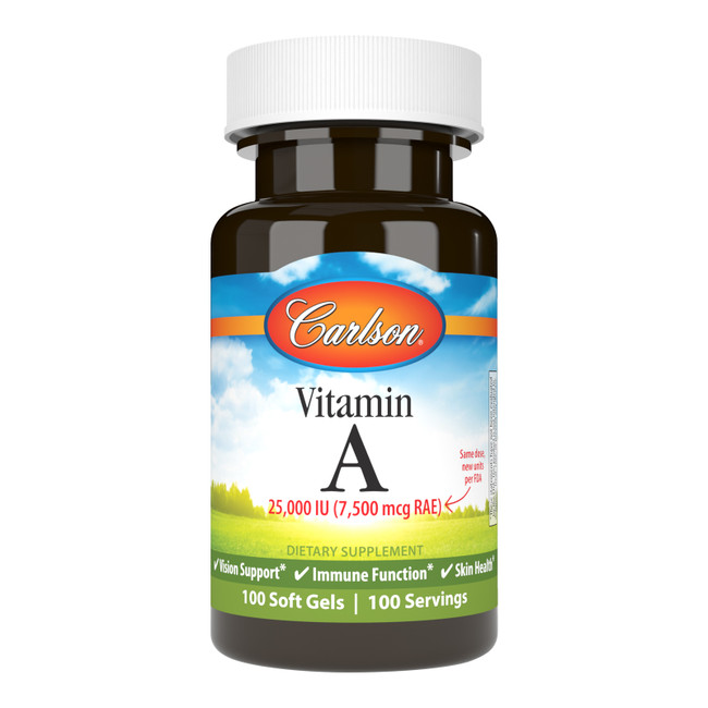 Vitamin A 25,000 IU (7,500 mcg RAE) is important for healthy vision. It plays an important role in helping the eyes adapt to light changes. 