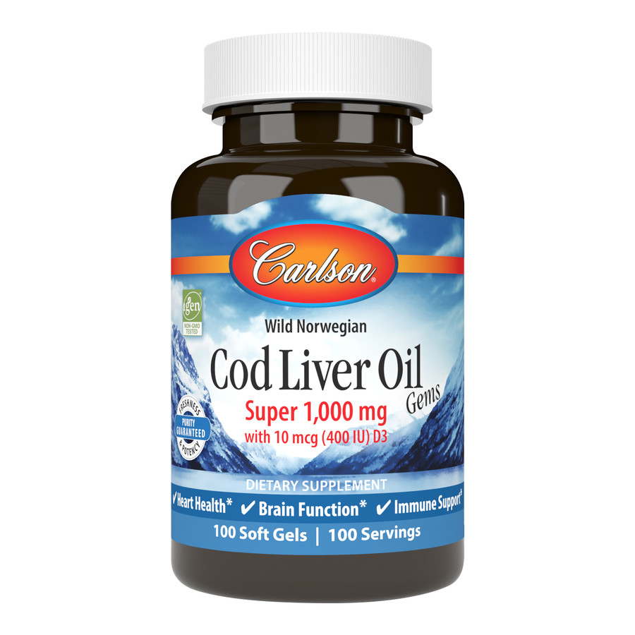 Cod Liver Oil Gems, Super 1,000 mg contains 1,000 mg of Norwegian cod liver oil per soft gel, providing important omega-3s EPA and DHA. 