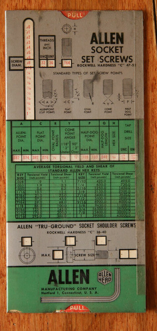 Allen "Pressur-Formd" Cap / Socket Set Screws Slide Rule Allen Head Vintage 1961