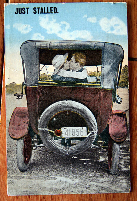JUST STALLED Antique Postcard No. 610 Autos Kissing Couple in Automobile Car