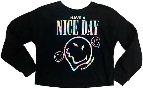 HAVE A NICE DAY SMILEYWORLD Girls (L) Pullover Cropped Sweatshirt Black/Tie-Dye
