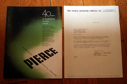 PIERCE GOVERNOR COMPANY Vintage Catalog + 1953 Typed Letter INDUSTRIAL ENGINES