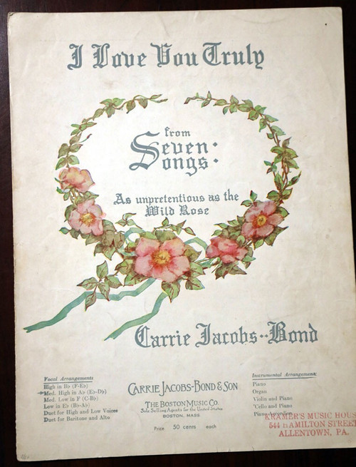 I LOVE YOU TRULY Vintage Sheet Music CARRIE JACOBS-BOND c. 1906 Boston Music Co.