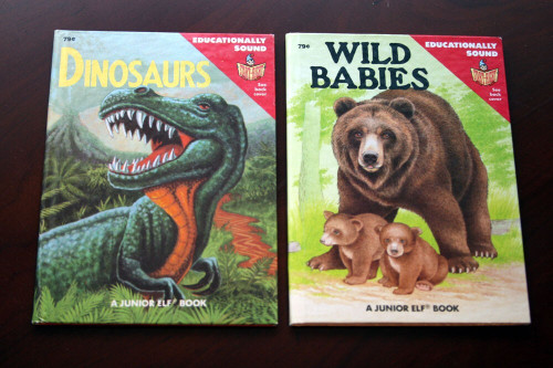 DINOSAURS + WILD BABIES Vintage Junior Elf Children's Books 1988 Checkerboard