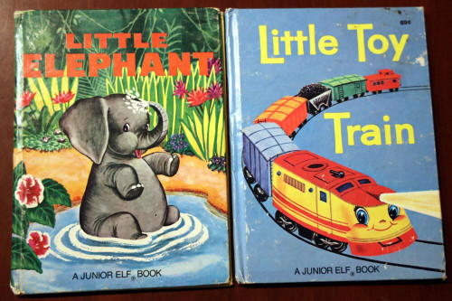 LITTLE ELEPHANT 1959 + LITTLE TOY TRAIN 1965 Junior Elf Book Lot Checkerboard