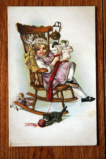 Girl/Elderly Woman Sewing in Rocking Chair Tea Doll Cat 1909 LR Conwell Postcard