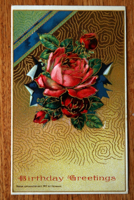 Birthday Greetings Embossed Antique Postcard Red Flowers c. 1912 HEYMANN Design