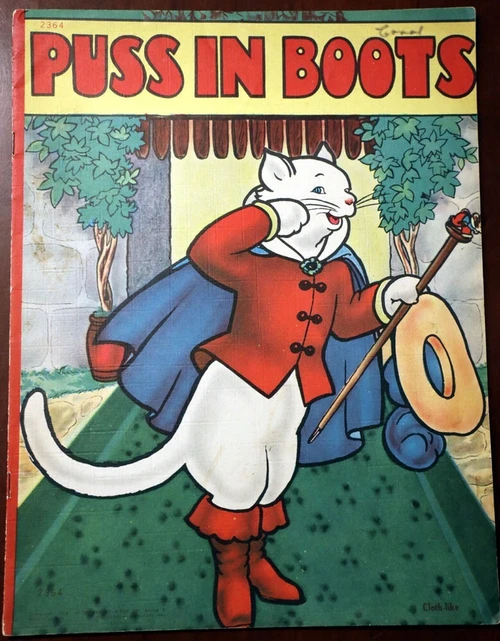 PUSS IN BOOTS #2364 Vintage Cloth-Like Children's Book 1941 Saalfield Pub. Co.