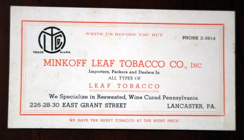 MINKOFF LEAF TOBACCO CO. Inc. Advertising Blotter LANCASTER PA Pennsylvania