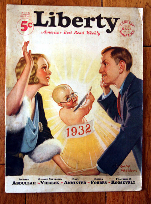 Liberty Magazine Weekly Jan. 9, 1932 Leslie Thrasher Cover "New Year's Baby" FDR