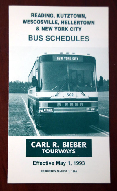 Carl R BIEBER Tourways Bus Schedule 1993 Reading/Kutztown/Hellertown PA + NYC NY