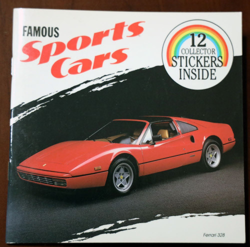 FAMOUS SPORTS CARS with 12 Collector Sticker Inside Vintage 1989 Book Jill Wolf