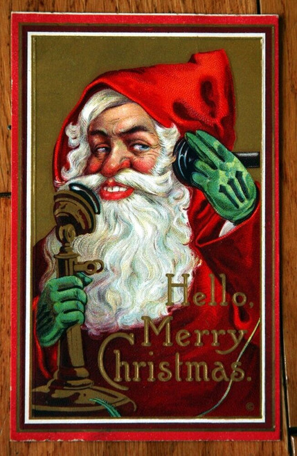 Hello Merry Christmas SANTA CLAUS Smiling on Telephone Embossed Antique Postcard