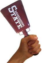 This cowbell is the most popular size for adults (men & women).  At exactly 1.3 lbs., it's easy to ring and makes a GREAT sound.  3.75" wide decals will work on these cowbells with slight wrapping around the side.  3" wide decals are the ideal size for this bell.