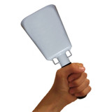 This cowbell is the most popular size for adults (men & women).  At exactly 1.3 lbs., it's easy to ring and makes a GREAT sound.  3.75" wide decals will work on these cowbells with slight wrapping around the side.  3" wide decals are the ideal size for this bell.