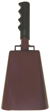 - 11" from bottom of bell to top of welded handle
- 4.75" wide at the bottom of the cowbell
- 3.00" deep at the bottom of the cowbell
- 5.00" handle length
- Vinyl grip
- Durable powder coated maroon paint