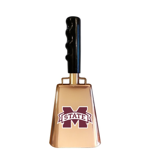 Copper-plated cowbell with Mississippi State "M-State" decal on one side.