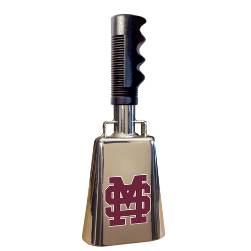 A beautiful, mirror-like licensed Mississippi State chrome cowbell.  These shiny chrome cowbells have the "M over S" baseball logo  on 1 side.  Excellent sound.  Excellent durability.  Excellent gift for an Mississippi State fan.