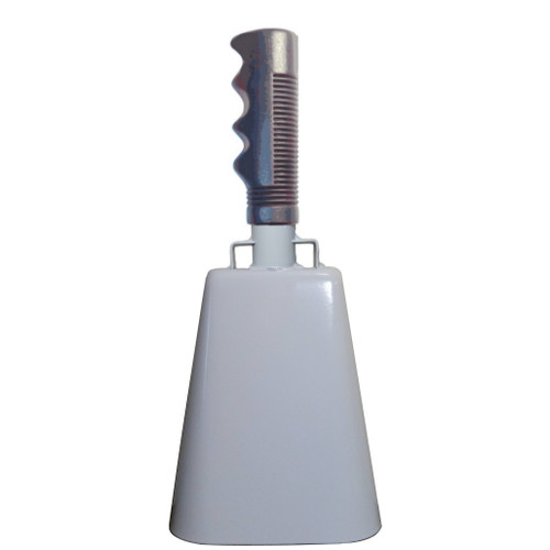 - 11" from bottom of bell to top of welded handle
- 4.75" wide at the bottom of the cowbell
- 3.00" deep at the bottom of the cowbell
- 5.00" handle length
- Vinyl grip
- Durable powder coated white paint
