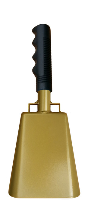 - 10" from bottom of bell to top of welded handle
- 4.25" wide at the bottom of the cowbell
- 2.50" deep at the bottom of the cowbell
- 5.00" handle length
- Vinyl grip
- Durable powder coated gold paint