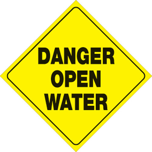 YELLOW PLASTIC REFLECTIVE SIGN 12" - DANGER OPEN WATER (430 DOW YR)