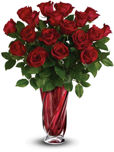 This Valentine's Day, surprise her with a gift as radiant as she is - 18 long stem red roses, hand-delivered in a stunning, ruby red art glass vase. It's sure to take her breath away!  Actual vase may vary but will be a high-end keepsake vase