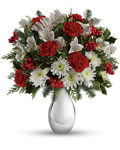 Pure winter wonder! Crimson carnations and red berries bring a festive touch to the snowy blooms of this lush holiday bouquet. Our magnificent silver vase makes this a gift to remember!
Red carnations, white alstroemeria and white cushion chrysanthemums are arranged with variegated holly, flat cedar, noble fir and red berries. 
Delivered in Teleflora's exclusive Silver Reflections vase or similar.
Orientation: All-Around