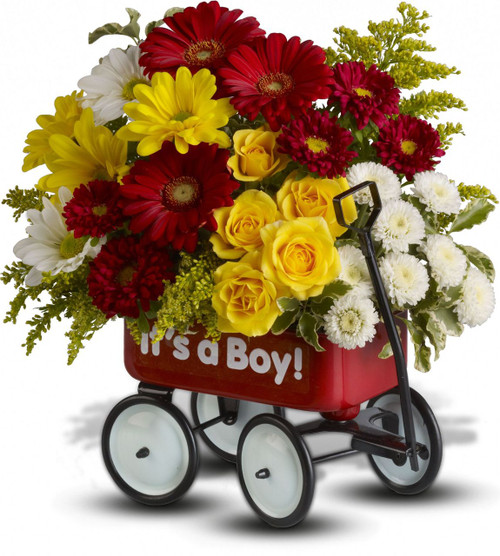 Hitch your wagon to a star! This little red wagon is a flower arrangement and nursery decoration all in one. A top-selling baby gift, it's filled with bold blooms of red, yellow and white.  Delivered in a shiny metal wagon overflowing with flowers and greens including red miniature gerberas, yellow spray roses and daisies.