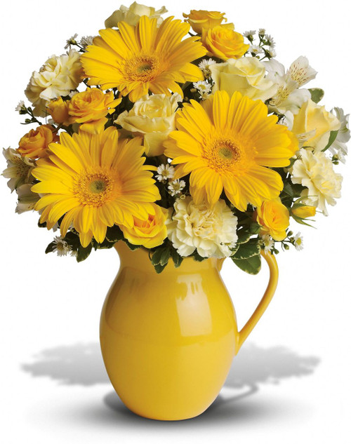 This bouquet is just bright for any occasion! A bright and sunny medley of flowers is hand-delivered in a brilliant ceramic pitcher that can be joyfully used over and over again.