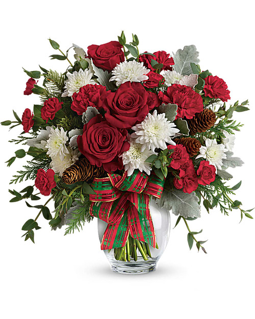 Give the gift of holiday style with this mix of Christmas crimson and winter white blooms, all wrapped up with a festive plaid ribbon in a classic ginger jar.  This bold bouquet includes red carnations, red miniature carnations, white cushion spray chrysanthemums, flat cedar, noble fir, dusty miller, parvifolia eucalyptus, small pinecones and wired ribbon.