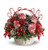 Take a walk through a candy cane forest with this fun, festive basket! This Christmas floral arrangement stars unique peppermint carnations and edible candy canes amongst fragrant fir, pinecones and berries. It's an easy way to send the Christmas spirit to someone far away!
A white basket with candy cane style handle is filled with peppermint and red carnations, variegated holly, noble fir and white statice, then decorated with frosted pinecones, edible candy canes, berries and red ribbon.