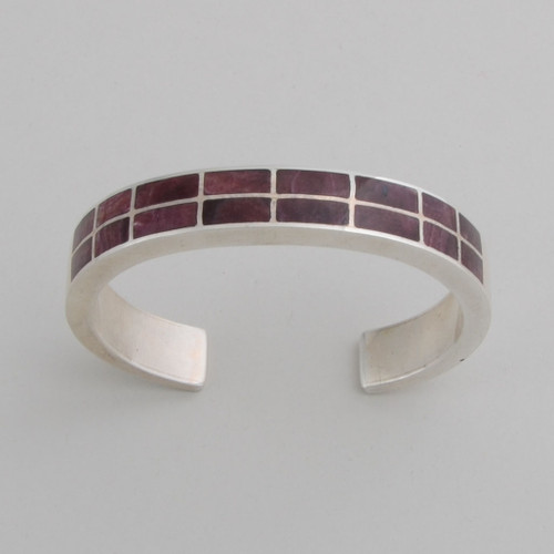 Sterling Silver Purple Spiny Oyster Double Row Inlaid Bracelet /w Decorative Sides.