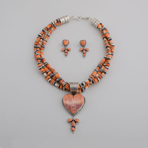 Sterling Silver with Orange Spiny Oyster Shell Heart Pendant with Dangle, on Three Strands of Beads, with Dangle Earrings.  Pendant can be removed from Beads.  Earrings  are Small Hearts over the Dangle. w/Post.