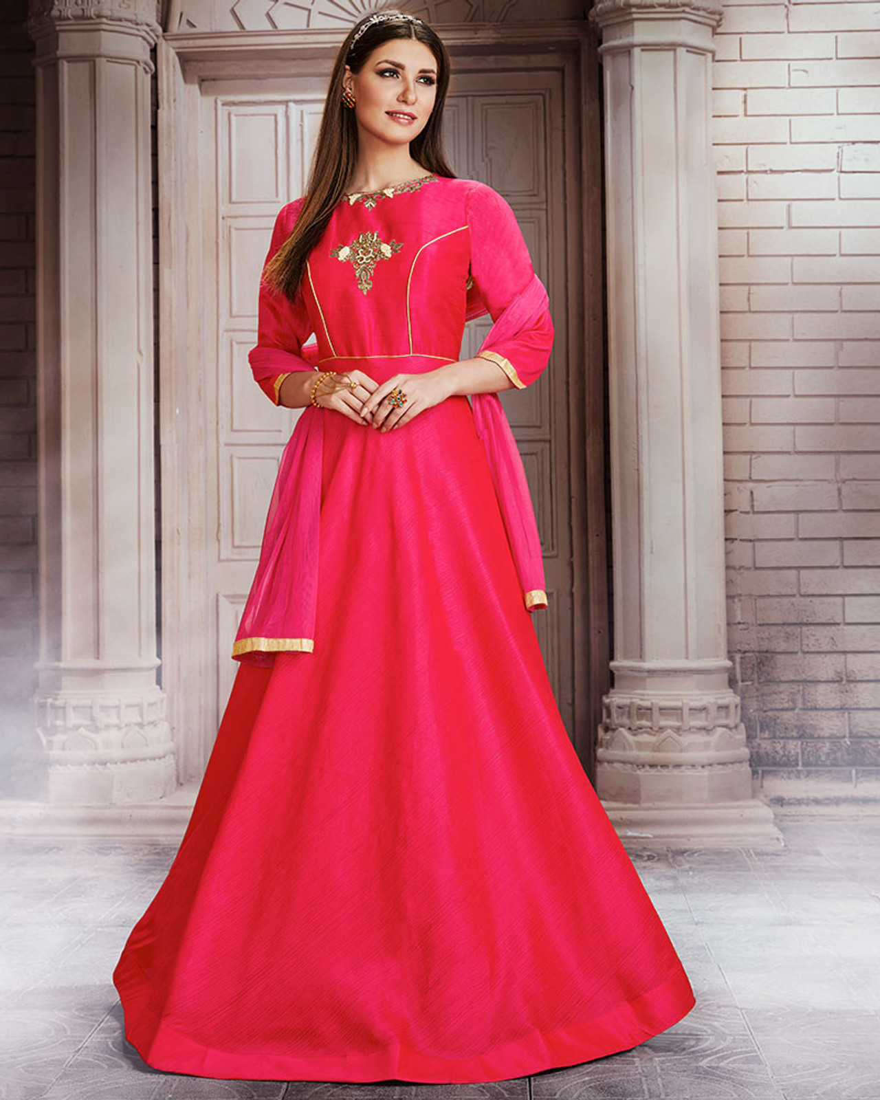 Red Color Raw Silk Gown (D0996)