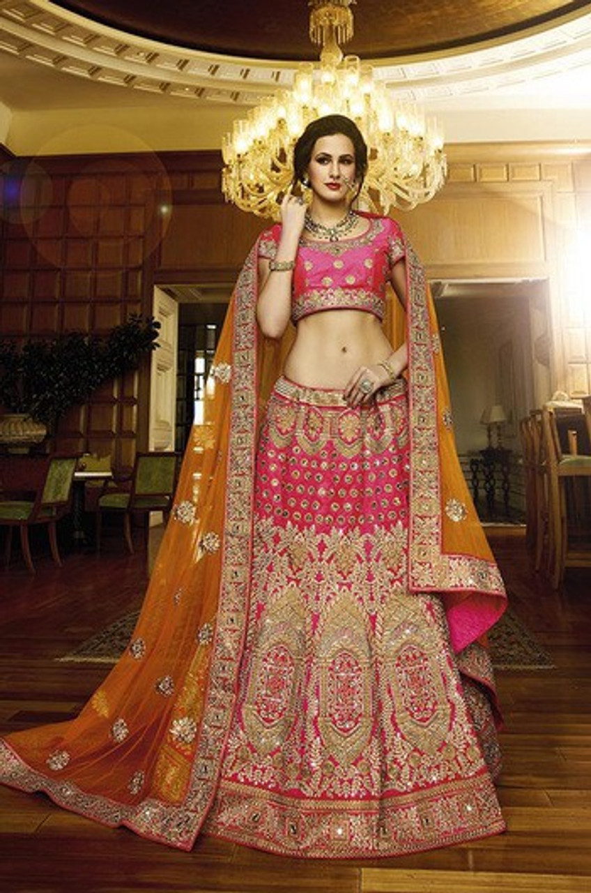 Orange and Pink Floral Lehenga Choli – Fashionous