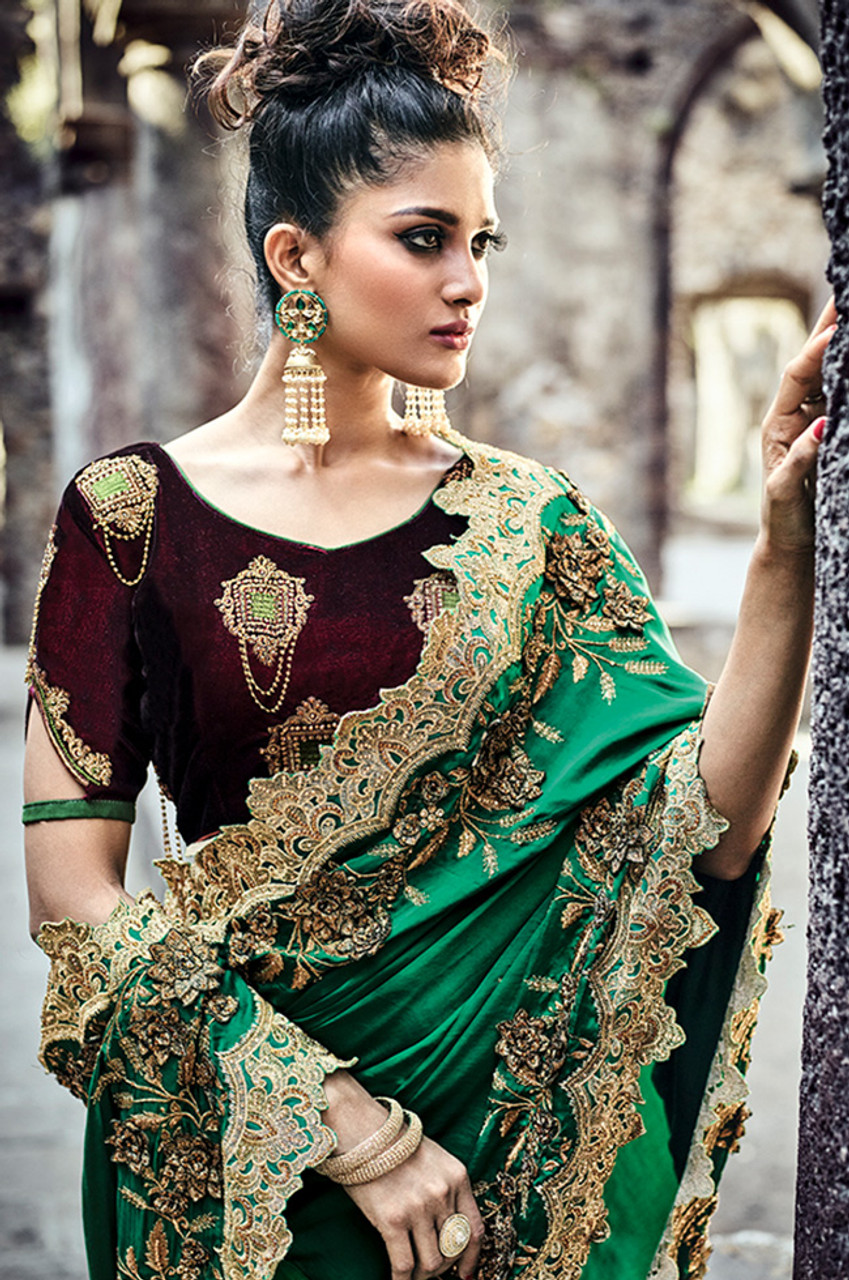 Bridal, Traditional, Wedding Green color Satin Silk fabric Saree : 1911560