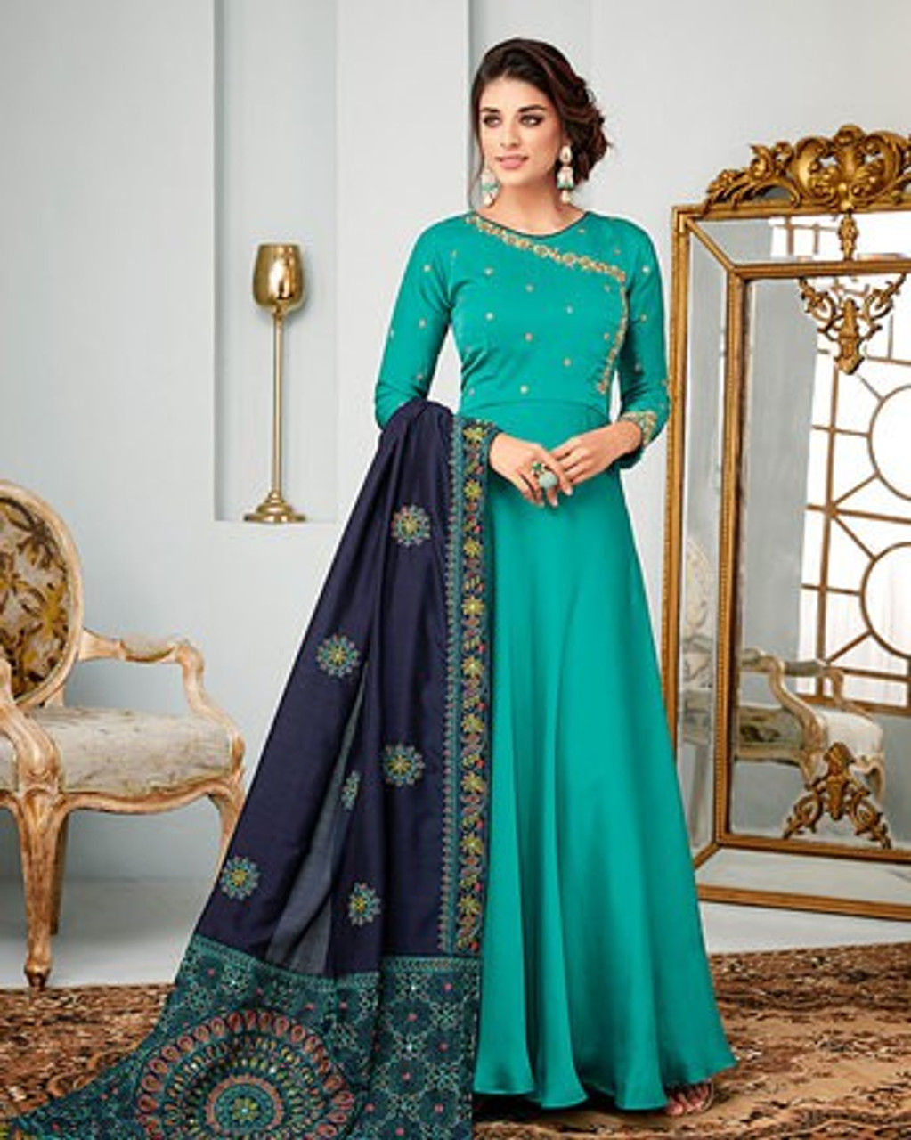 Shop Sea Green Embroidered Layered Style Gown Wedding Wear Online at Best  Price | Cbazaar