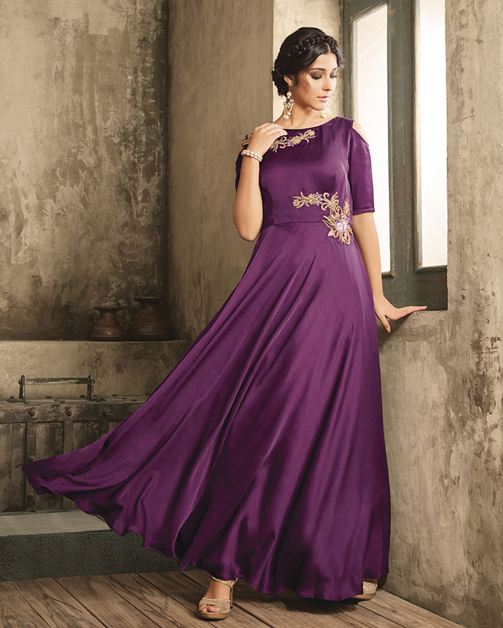 Butterfly net Fabrics Party Wear Readymade Gown In Violet Color With  Embroidery Work - Gown - Sale