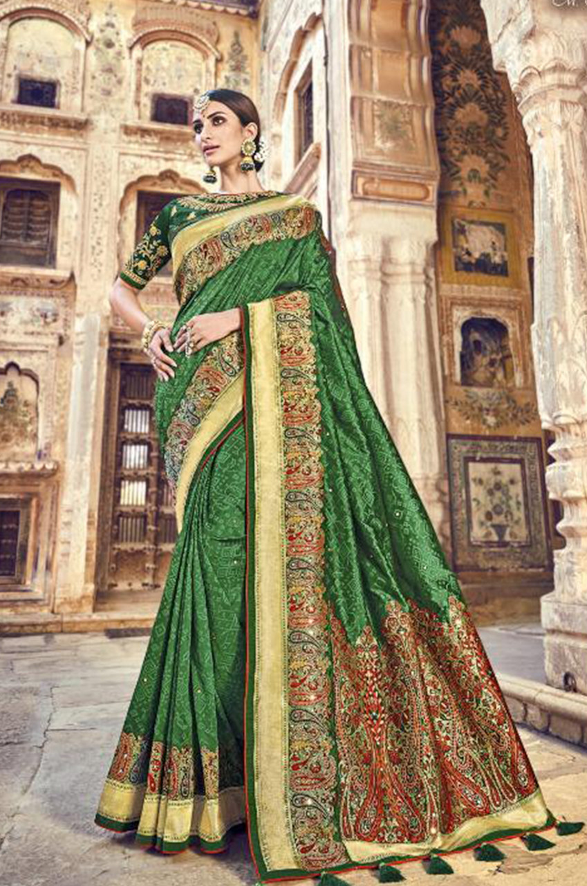 Mehendi Green and Dark Green color silk sarees with allover bandez print  and cut broaso border