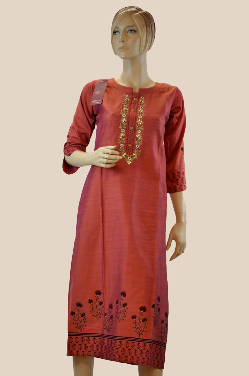 Gleaming Light Peach Colored Casual Embroidered Cotton Kurti