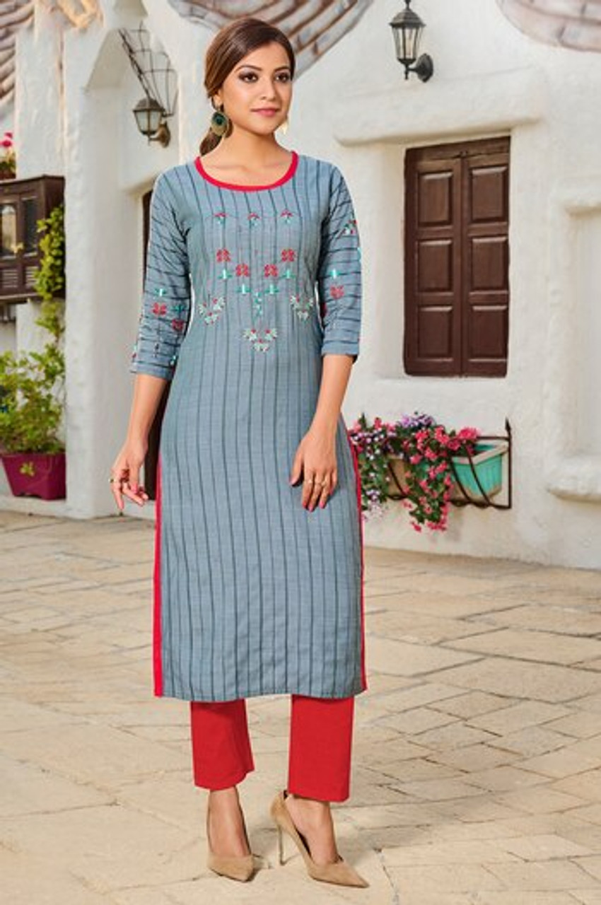 Blue Gray Floral Printed Silk Kurti with Straight Pants – anokherang