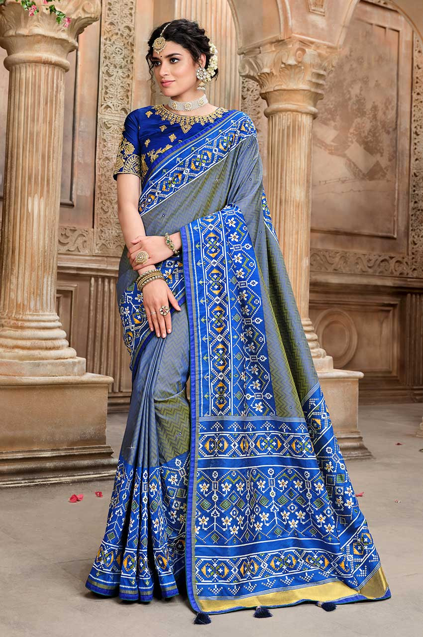 Sky Blue and Maroon color silk sarees with georgeet chicken work rich  patola ikkat border design -