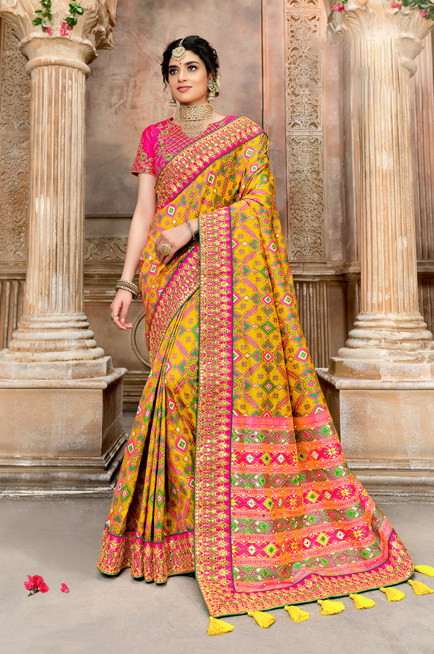 Buy Yellow Silk Embroidered Border Work Designer Wedding Saree | Wedding  Sarees