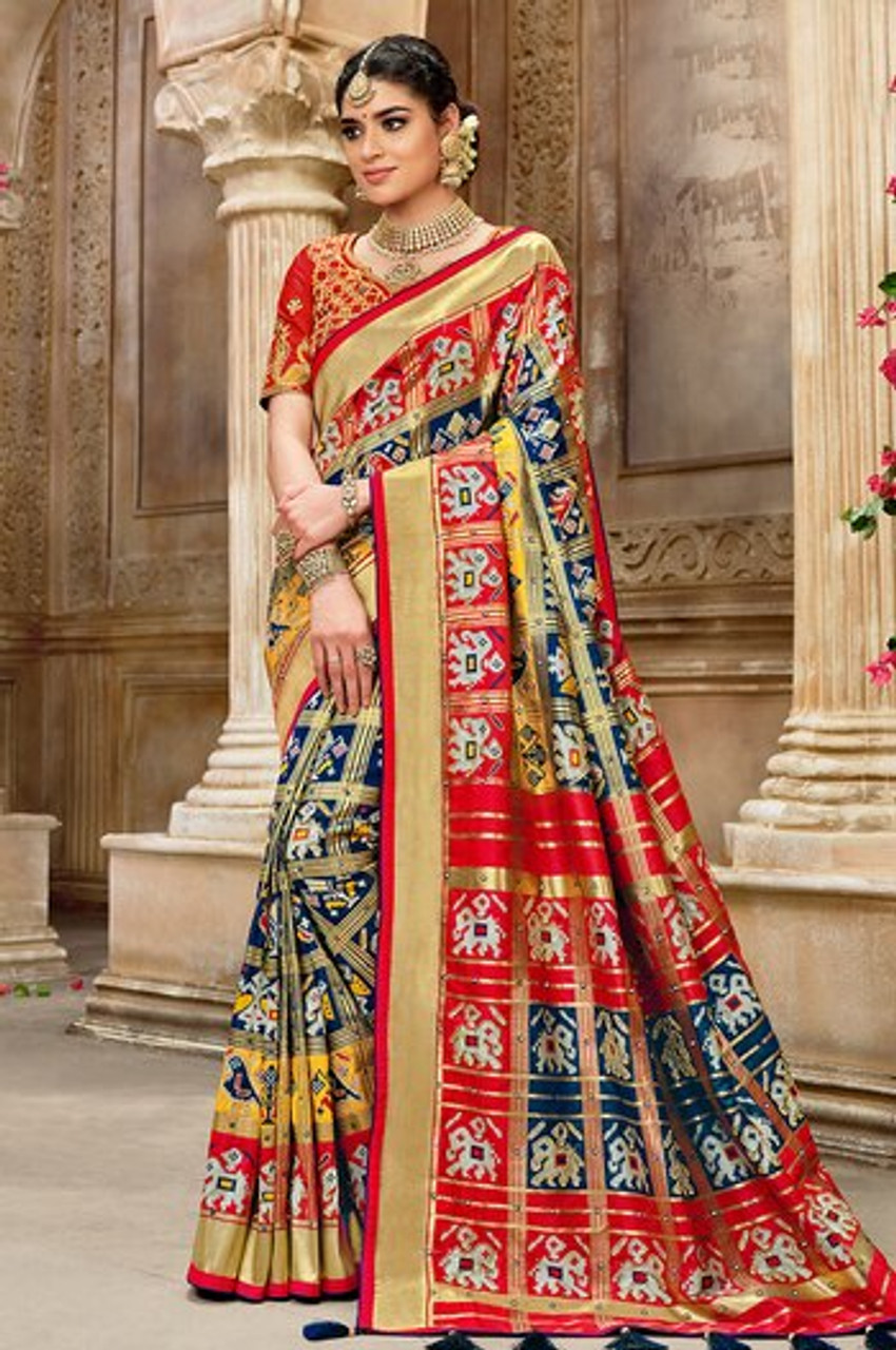 Exquisite Ikkat Patola and Kanjivaram Pure Silk Saree in Mustard and R –  Shobitam