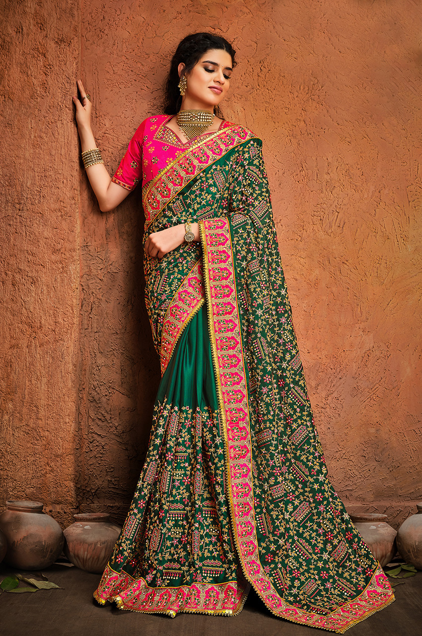 Classy Bottle Green Wedding Silk Saree with MInimalist Designs – TrendOye