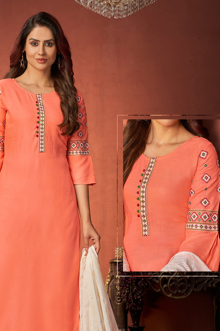 Silk Embroidery Gown In Peach Colour